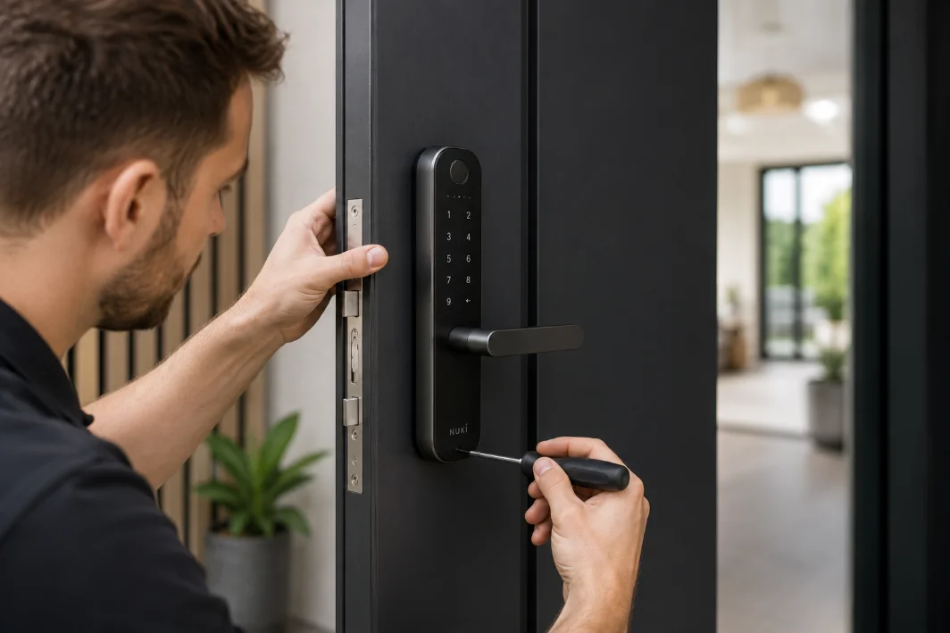 Installateur monteert een slim slot op een bestaande deur